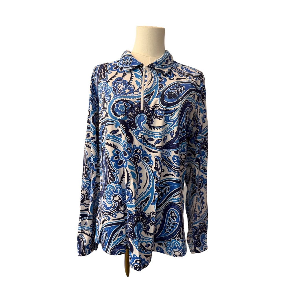 IBKUL Womens XL Blue Paisley Quarter Zip Pullover Wailea Maui Hawaii Sun Shirt